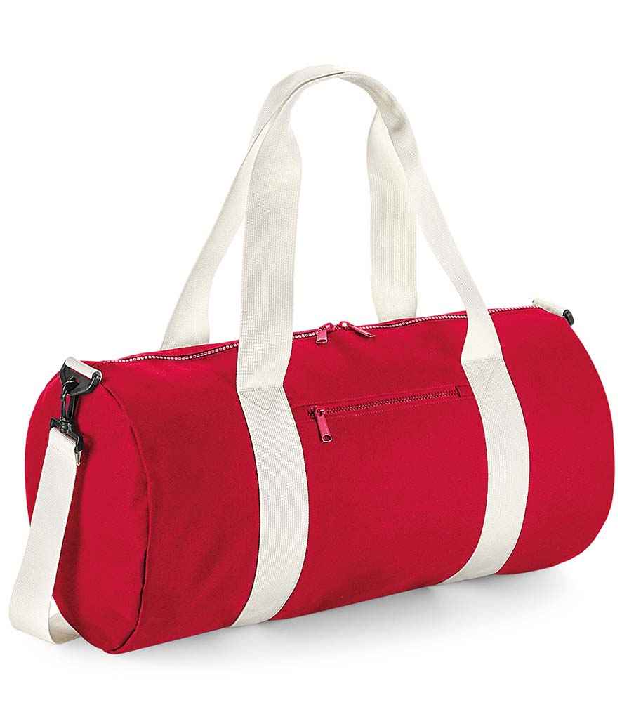 BagBase Original Barrel Bag XL in ONE Classic Red Off White by Bagbase — Custom branded clothing by Print Press, featuring premium embroidery produced in our specialist print lab in the UK.