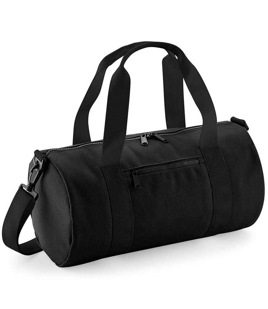 BagBase Mini Barrel Bag in ONE Black Black by Bagbase — Custom branded clothing by Print Press, featuring premium embroidery produced in our specialist print lab in the UK.