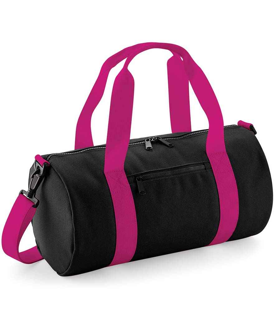 BagBase Mini Barrel Bag in ONE Black Fuchsia by Bagbase — Custom branded clothing by Print Press, featuring premium embroidery produced in our specialist print lab in the UK.