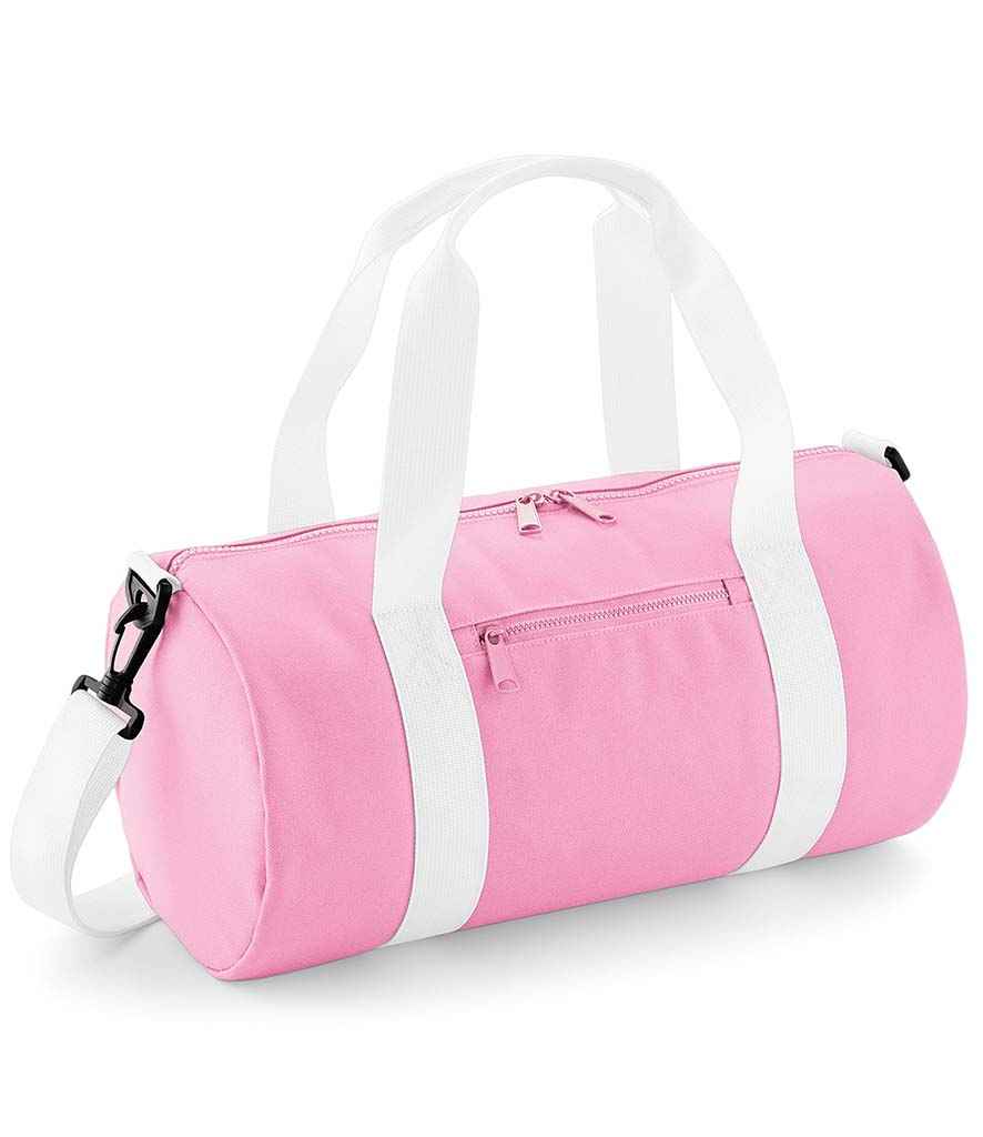 BagBase Mini Barrel Bag in ONE Classic Pink White by Bagbase — Custom branded clothing by Print Press, featuring premium embroidery produced in our specialist print lab in the UK.