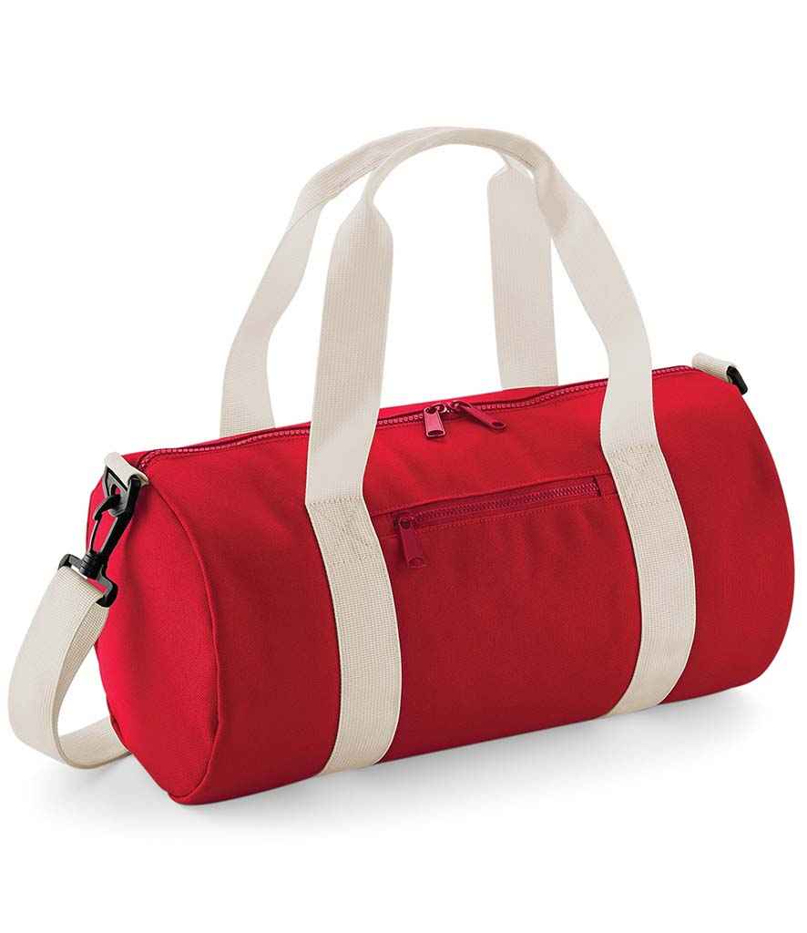 BagBase Mini Barrel Bag in ONE Classic Red Off White by Bagbase — Custom branded clothing by Print Press, featuring premium embroidery produced in our specialist print lab in the UK.