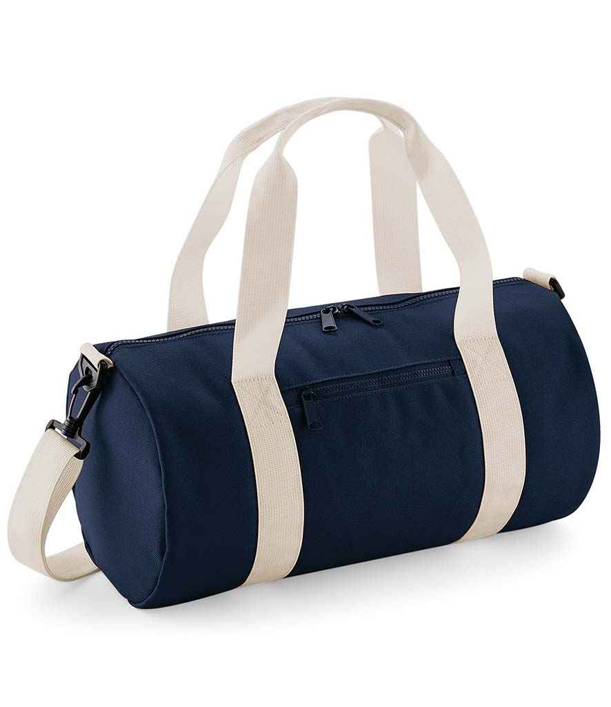BagBase Mini Barrel Bag in ONE French Navy Off White by Bagbase — Custom branded clothing by Print Press, featuring premium embroidery produced in our specialist print lab in the UK.