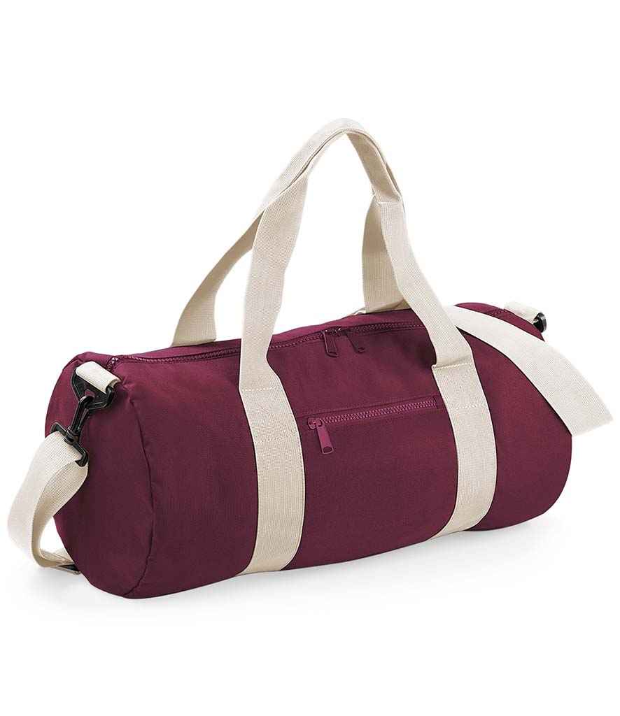 BagBase Original Barrel Bag in ONE Burgundy Off White by Bagbase — Custom branded clothing by Print Press, featuring premium embroidery produced in our specialist print lab in the UK.