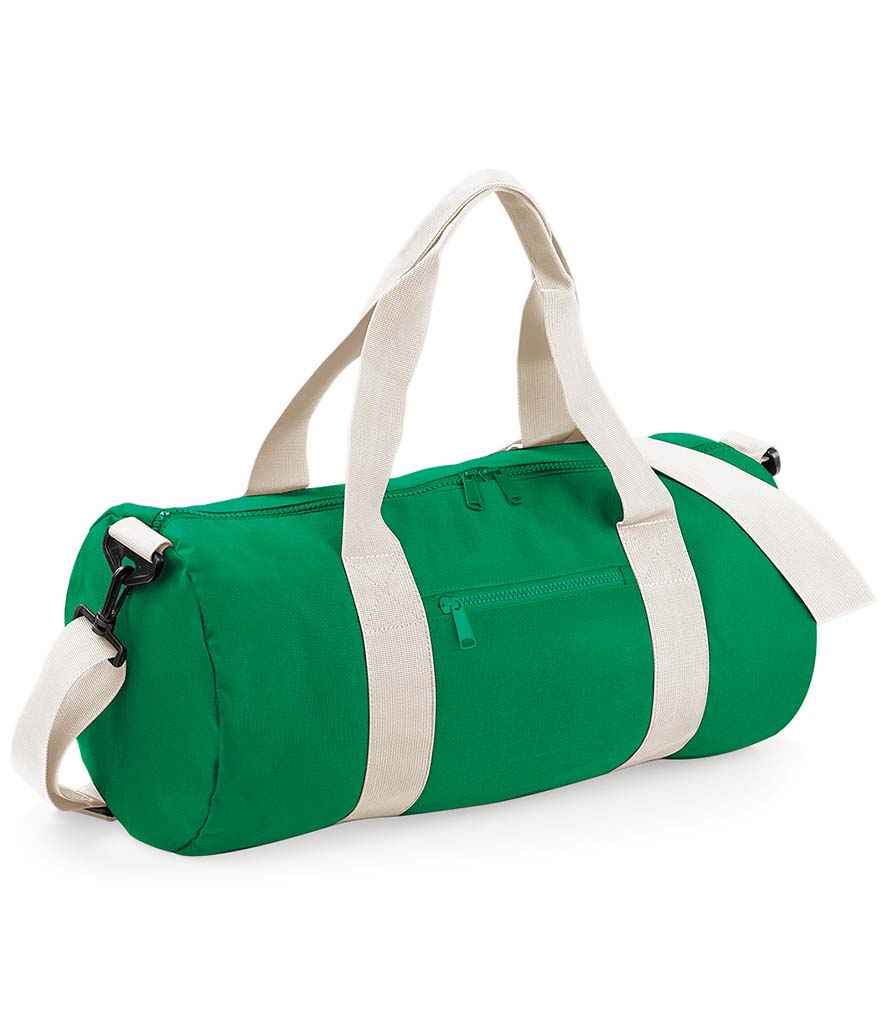 BagBase Original Barrel Bag in ONE Kelly Green Off White by Bagbase — Custom branded clothing by Print Press, featuring premium embroidery produced in our specialist print lab in the UK.