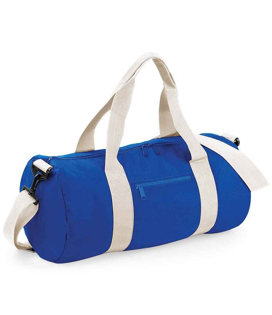 BagBase Original Barrel Bag in ONE Bright Royal Off White by Bagbase — Custom branded clothing by Print Press, featuring premium embroidery produced in our specialist print lab in the UK.