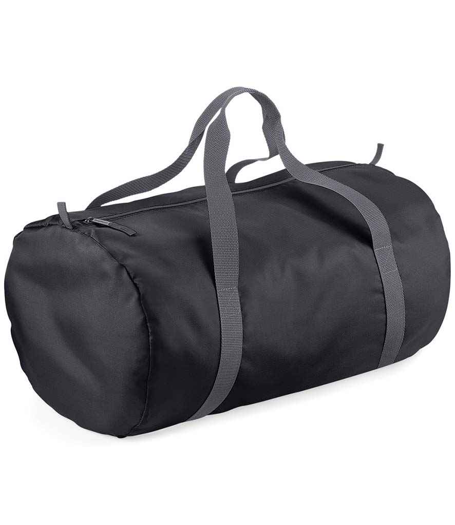 BagBase Packaway Barrel Bag in ONE Black Graphite Grey by Bagbase — Custom branded clothing by Print Press, featuring premium embroidery produced in our specialist print lab in the UK.