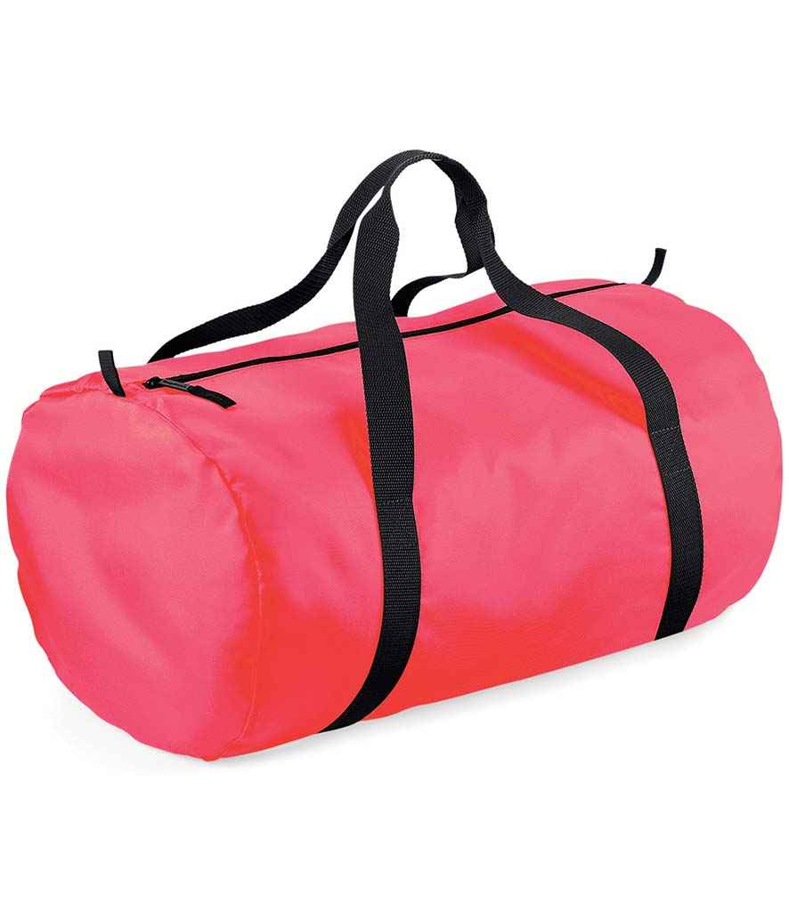 BagBase Packaway Barrel Bag in ONE Fluorescent Pink Black by Bagbase — Custom branded clothing by Print Press, featuring premium embroidery produced in our specialist print lab in the UK.