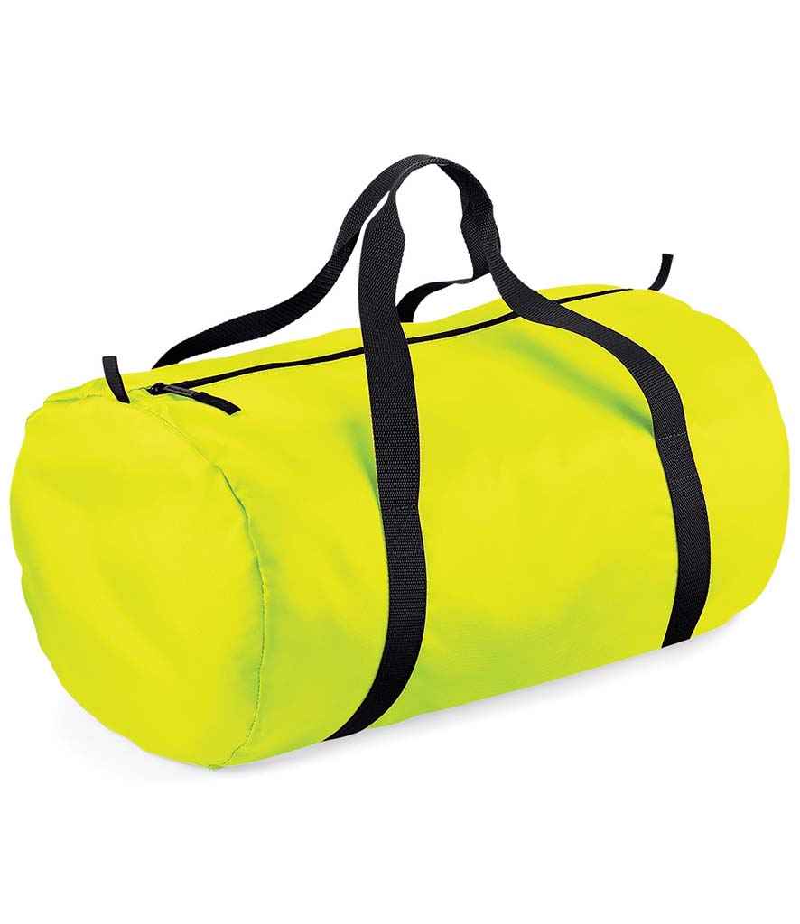 BagBase Packaway Barrel Bag in ONE Fluorescent Yellow Black by Bagbase — Custom branded clothing by Print Press, featuring premium embroidery produced in our specialist print lab in the UK.