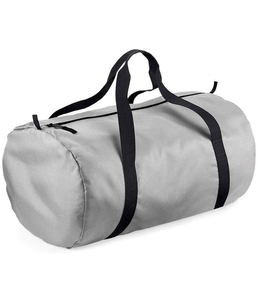BagBase Packaway Barrel Bag in ONE Silver Black by Bagbase — Custom branded clothing by Print Press, featuring premium embroidery produced in our specialist print lab in the UK.