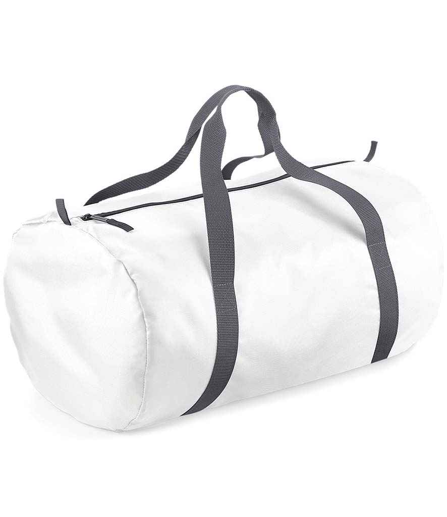 BagBase Packaway Barrel Bag in ONE White by Bagbase — Custom branded clothing by Print Press, featuring premium embroidery produced in our specialist print lab in the UK.
