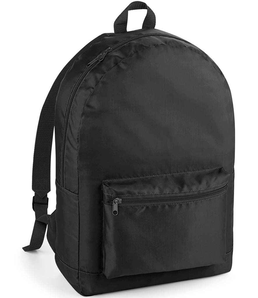 BagBase Packaway Backpack in ONE Black Black by Bagbase — Custom branded clothing by Print Press, featuring premium embroidery produced in our specialist print lab in the UK.