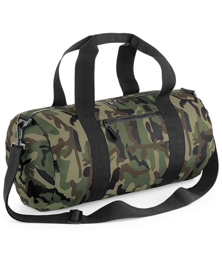 BagBase Camo Barrel Bag in ONE Jungle Camo by Bagbase — Custom branded clothing by Print Press, featuring premium embroidery produced in our specialist print lab in the UK.