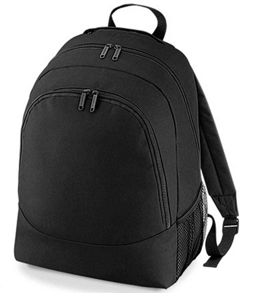 BagBase Universal Backpack in ONE Black by Bagbase — Custom branded clothing by Print Press, featuring premium embroidery produced in our specialist print lab in the UK.