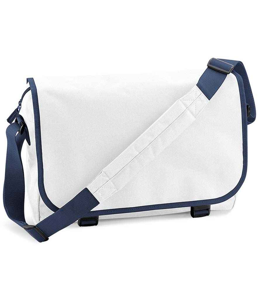BagBase Messenger Bag in ONE White French Navy by Bagbase — Custom branded clothing by Print Press, featuring premium embroidery produced in our specialist print lab in the UK.