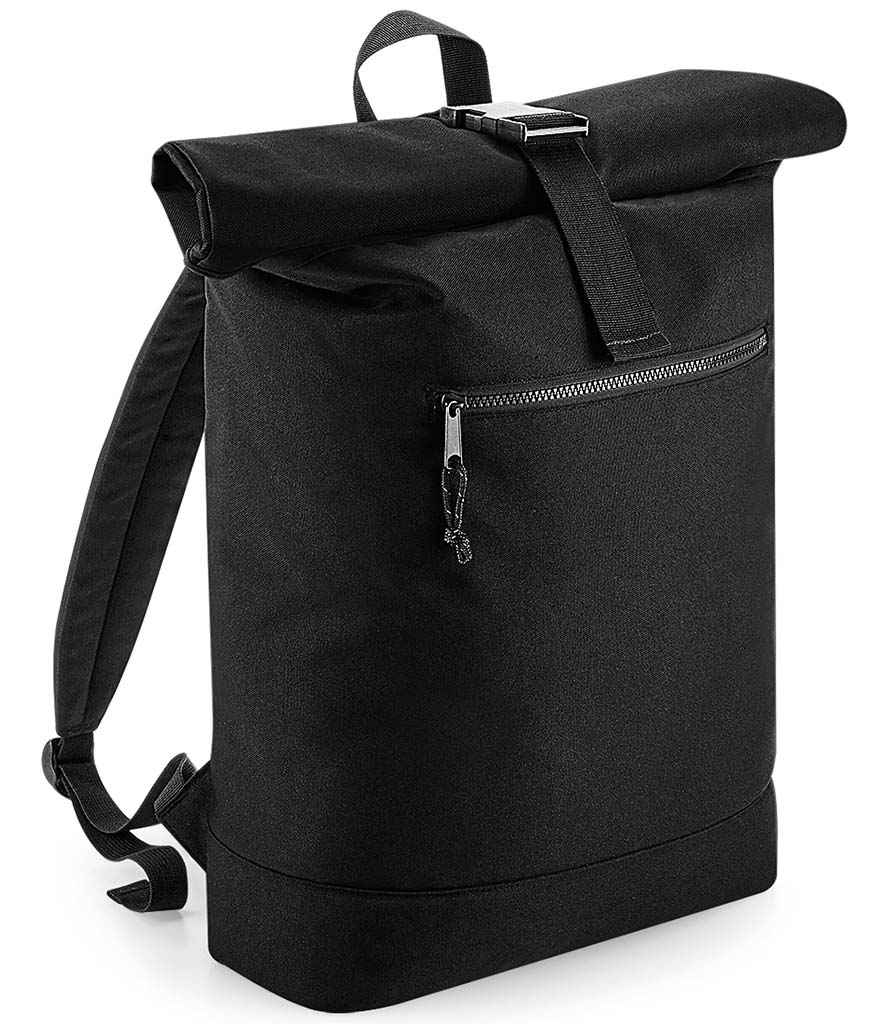 BagBase Recycled Roll-Top Backpack in ONE Black by Bagbase — Custom branded clothing by Print Press, featuring premium embroidery produced in our specialist print lab in the UK.