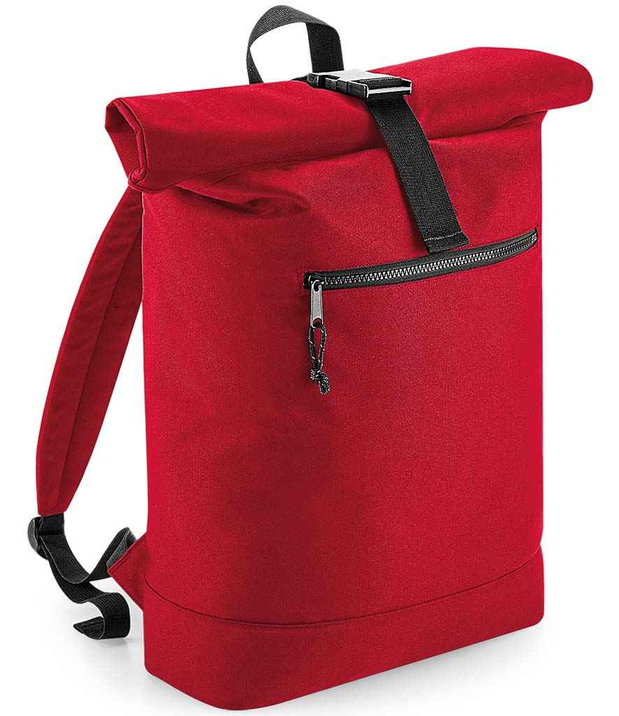 BagBase Recycled Roll-Top Backpack in ONE Classic Red by Bagbase — Custom branded clothing by Print Press, featuring premium embroidery produced in our specialist print lab in the UK.