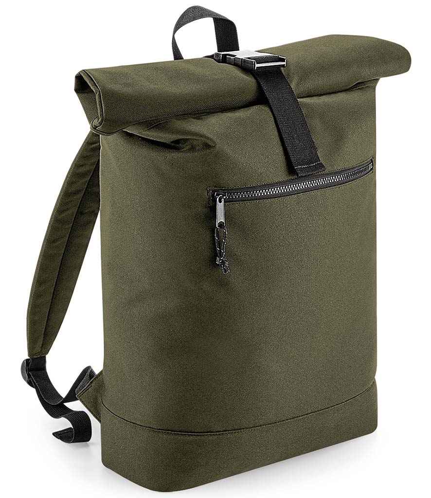 BagBase Recycled Roll-Top Backpack in ONE Military Green by Bagbase — Custom branded clothing by Print Press, featuring premium embroidery produced in our specialist print lab in the UK.