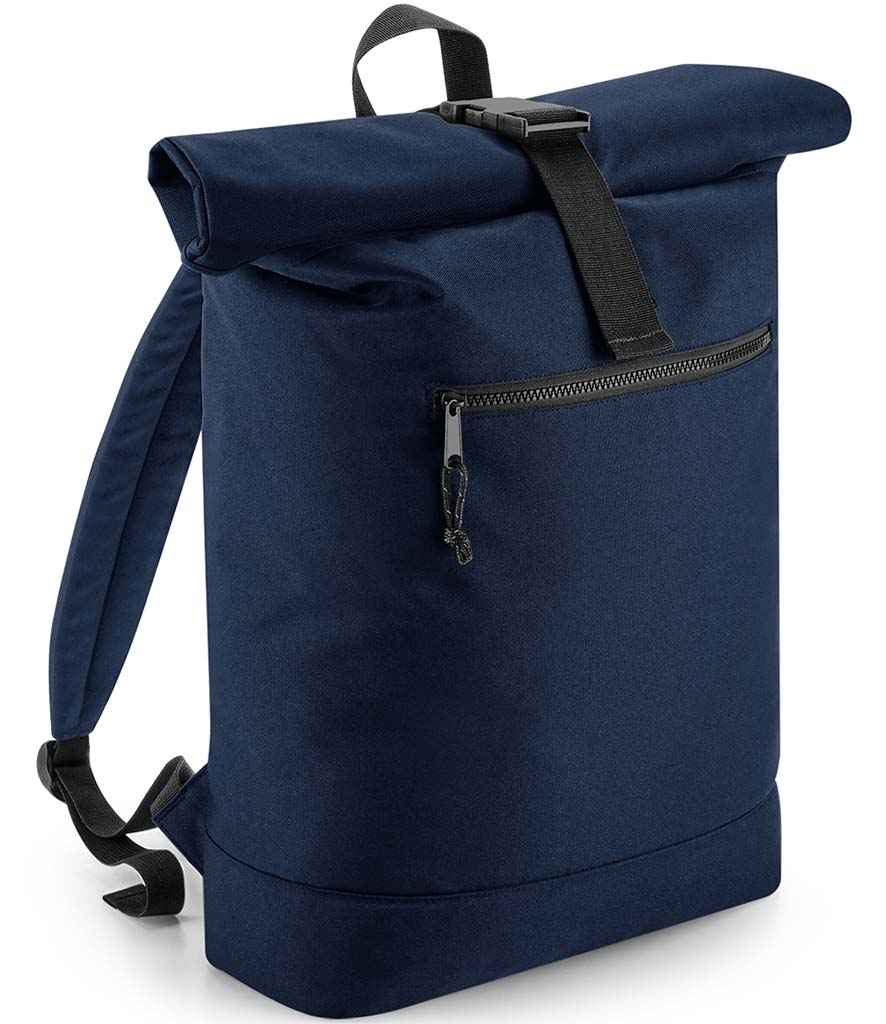 BagBase Recycled Roll-Top Backpack in ONE Navy by Bagbase — Custom branded clothing by Print Press, featuring premium embroidery produced in our specialist print lab in the UK.