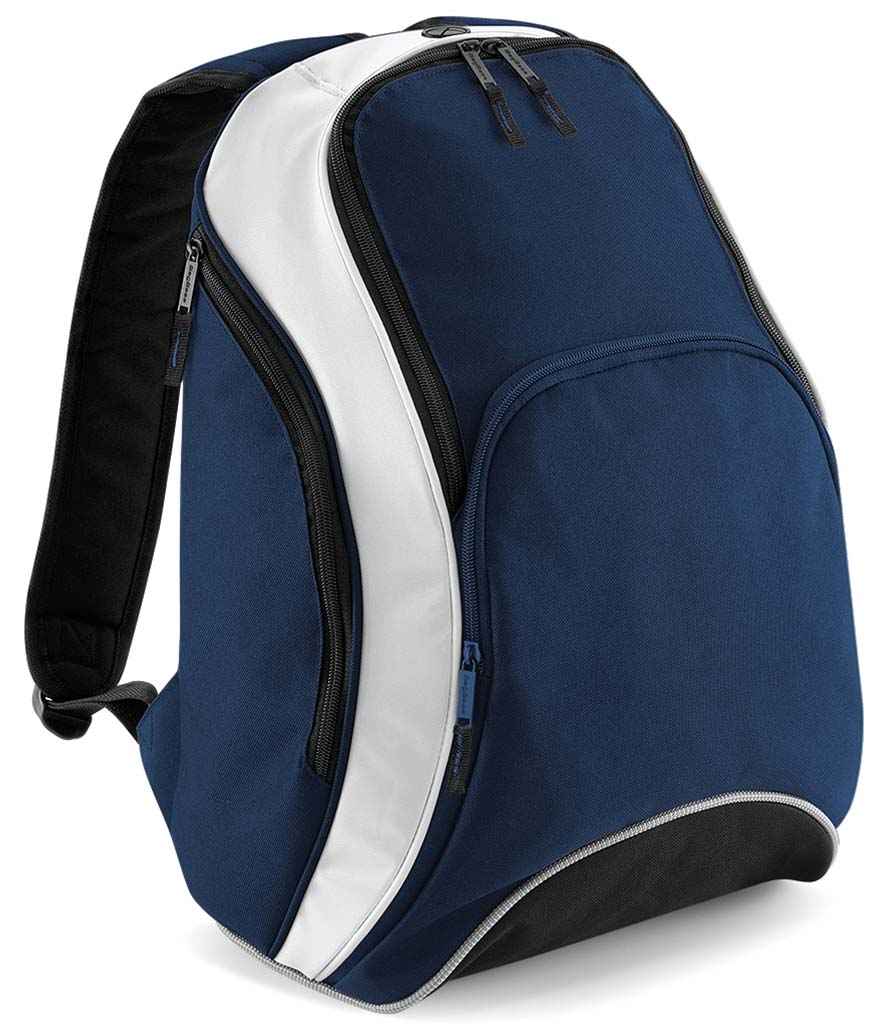 BagBase Teamwear Backpack in ONE French Navy White by Bagbase — Custom branded clothing by Print Press, featuring premium embroidery produced in our specialist print lab in the UK.