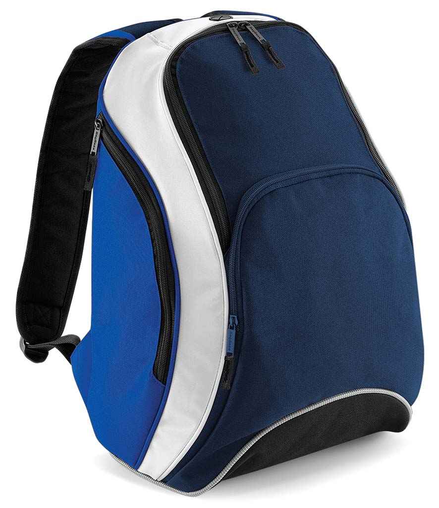 BagBase Teamwear Backpack in ONE French Navy Bright Royal White by Bagbase — Custom branded clothing by Print Press, featuring premium embroidery produced in our specialist print lab in the UK.