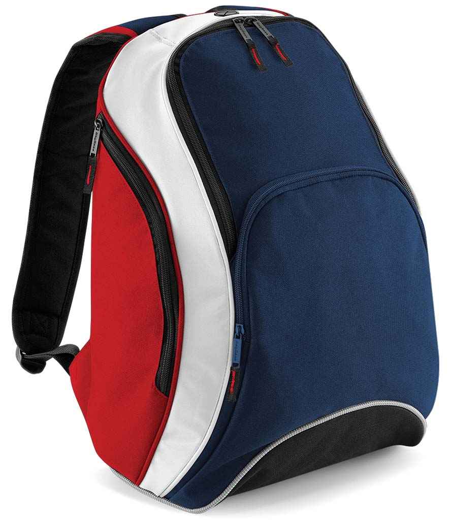 BagBase Teamwear Backpack in ONE French Navy Classic Red White by Bagbase — Custom branded clothing by Print Press, featuring premium embroidery produced in our specialist print lab in the UK.