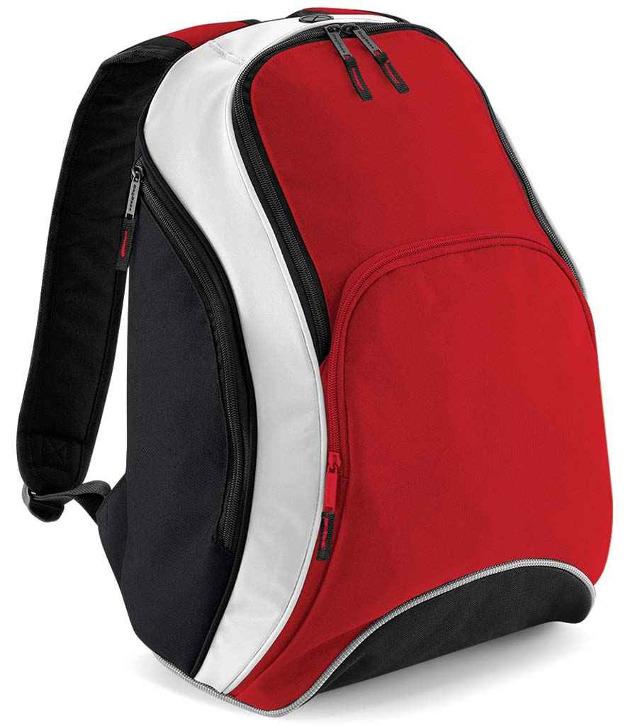 BagBase Teamwear Backpack in ONE Classic Red Black by Bagbase — Custom branded clothing by Print Press, featuring premium embroidery produced in our specialist print lab in the UK.