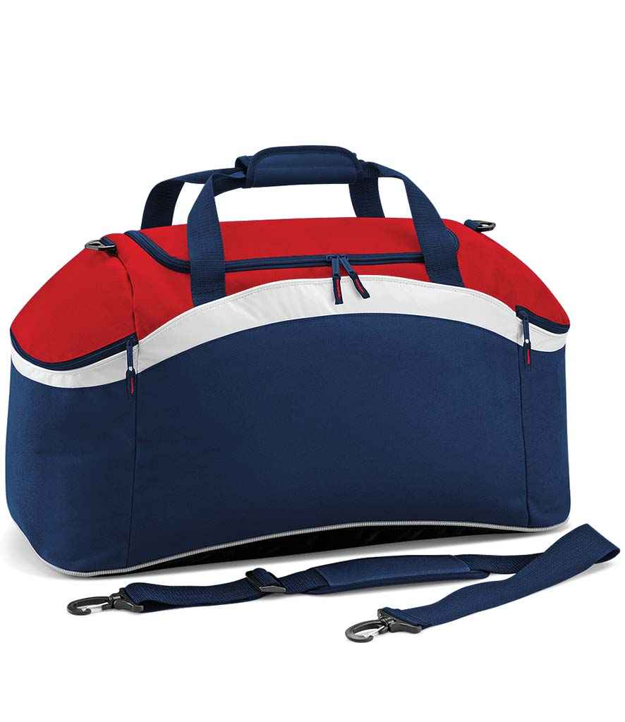 BagBase Teamwear Holdall in ONE French Navy Classic Red by Bagbase — Custom branded clothing by Print Press, featuring premium embroidery produced in our specialist print lab in the UK.