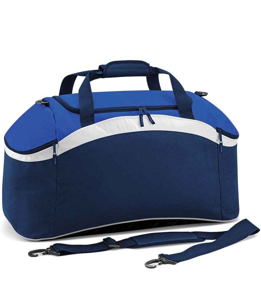 BagBase Teamwear Holdall in ONE French Navy Bright Royal White by Bagbase — Custom branded clothing by Print Press, featuring premium embroidery produced in our specialist print lab in the UK.