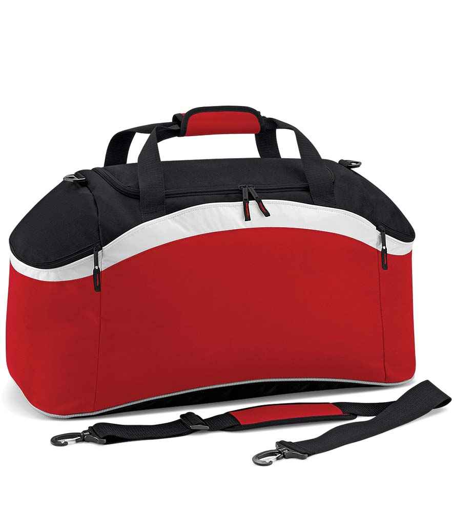 BagBase Teamwear Holdall in ONE Classic Red Black by Bagbase — Custom branded clothing by Print Press, featuring premium embroidery produced in our specialist print lab in the UK.