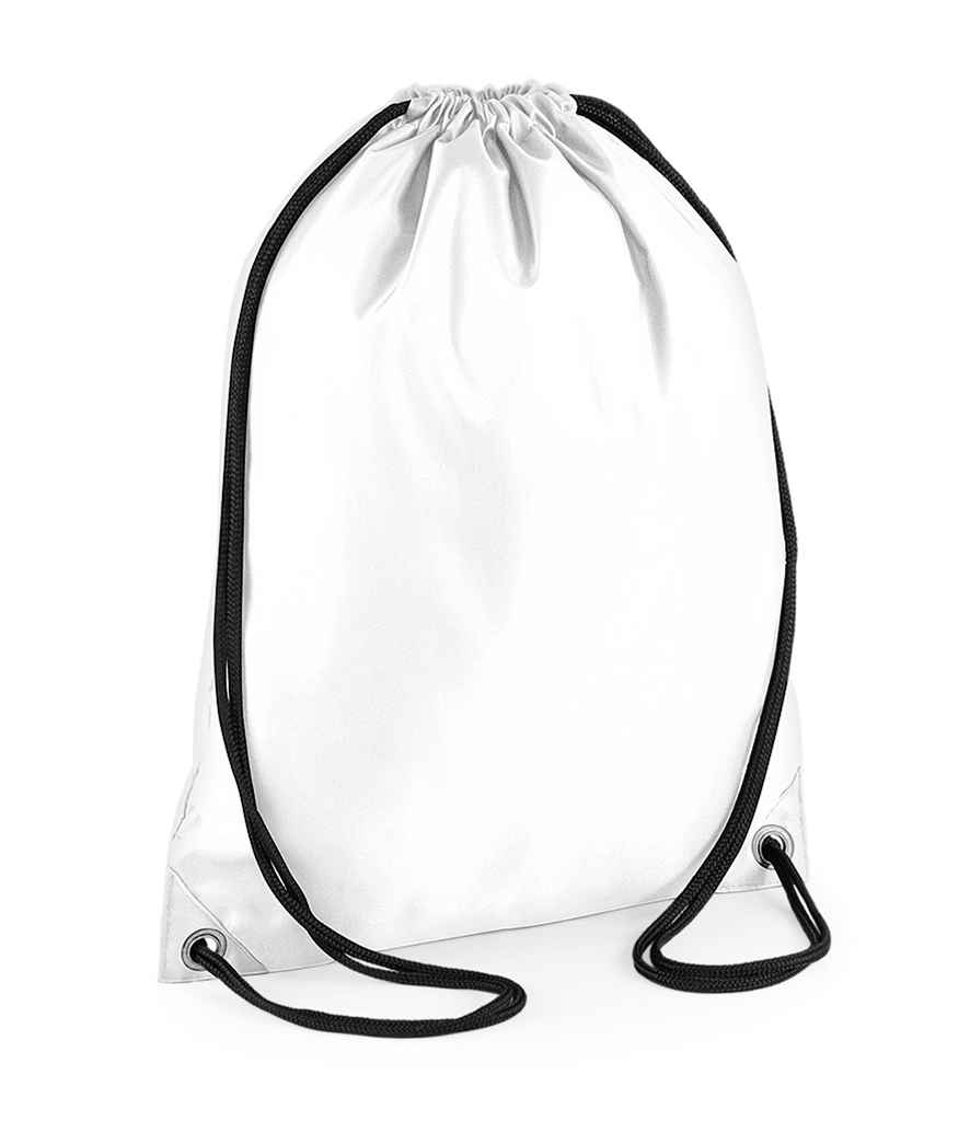 BagBase Budget Gymsac in ONE White by Bagbase — Custom branded clothing by Print Press, featuring premium embroidery produced in our specialist print lab in the UK.