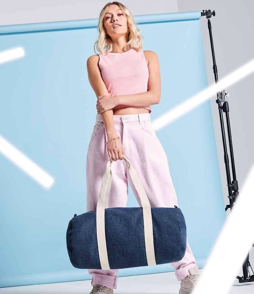 BagBase Denim Barrel Bag in ONE Denim Blue by Bagbase — Custom branded clothing by Print Press, featuring premium embroidery produced in our specialist print lab in the UK.