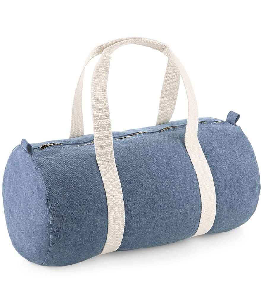 BagBase Denim Barrel Bag in ONE Light Denim by Bagbase — Custom branded clothing by Print Press, featuring premium embroidery produced in our specialist print lab in the UK.