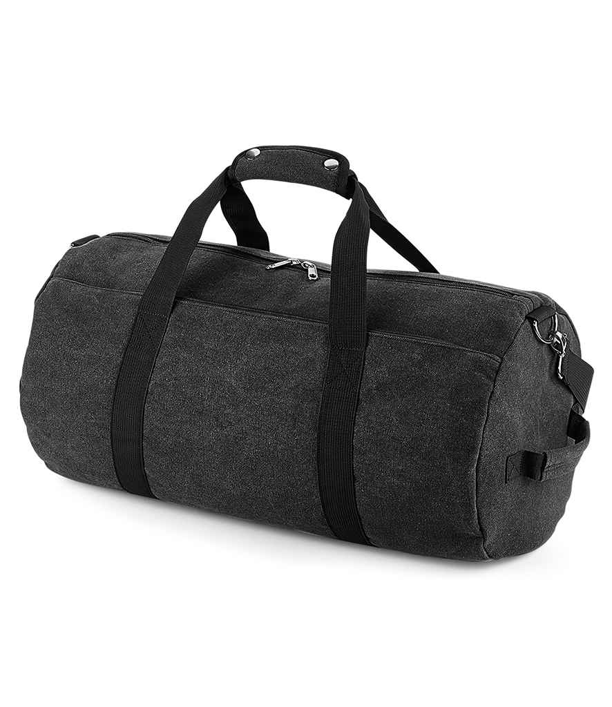 BagBase Vintage Canvas Barrel Bag in ONE Vintage Black by Bagbase — Custom branded clothing by Print Press, featuring premium embroidery produced in our specialist print lab in the UK.