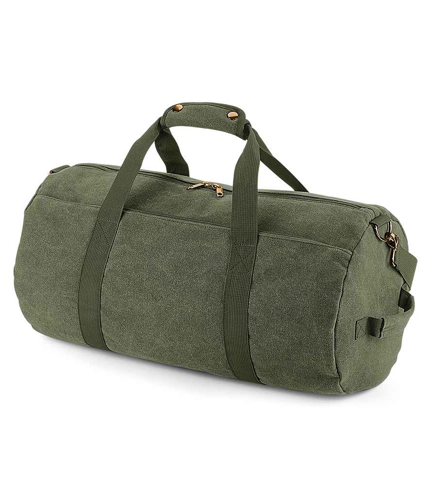 BagBase Vintage Canvas Barrel Bag in ONE Vintage Military Green by Bagbase — Custom branded clothing by Print Press, featuring premium embroidery produced in our specialist print lab in the UK.