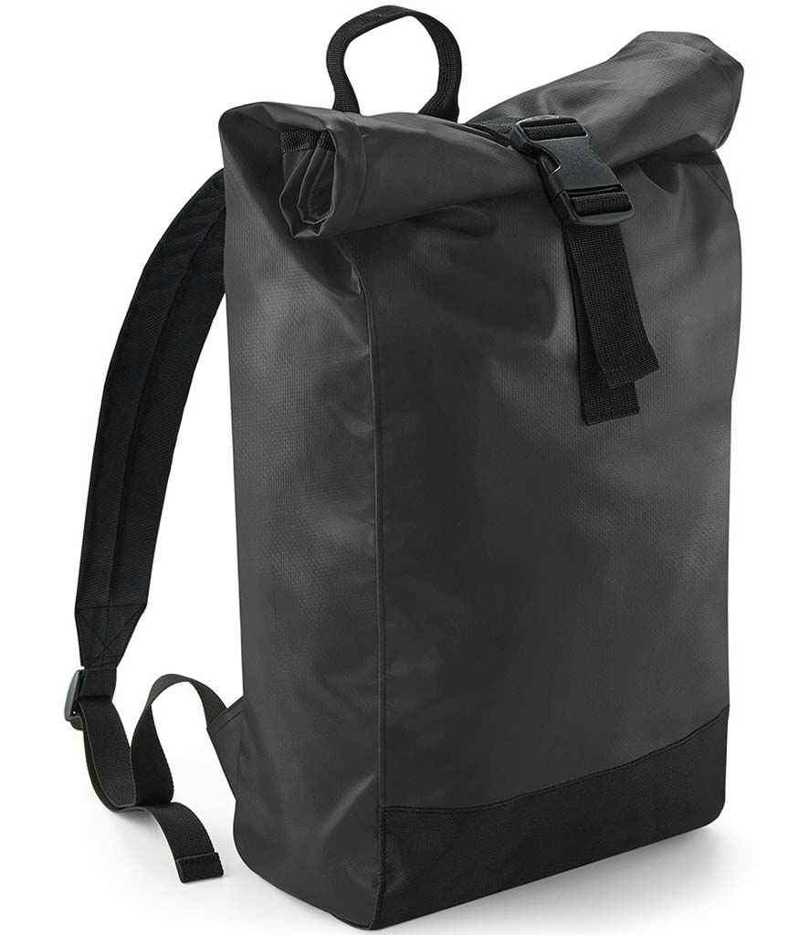 BagBase Tarp Roll-Top Backpack in ONE Black by Bagbase — Custom branded clothing by Print Press, featuring premium embroidery produced in our specialist print lab in the UK.