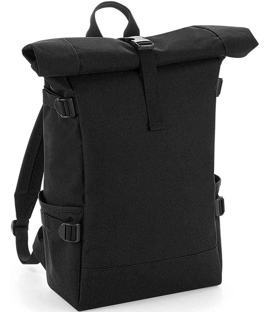BagBase Block Roll-Top Backpack in ONE Black Black by Bagbase — Custom branded clothing by Print Press, featuring premium embroidery produced in our specialist print lab in the UK.