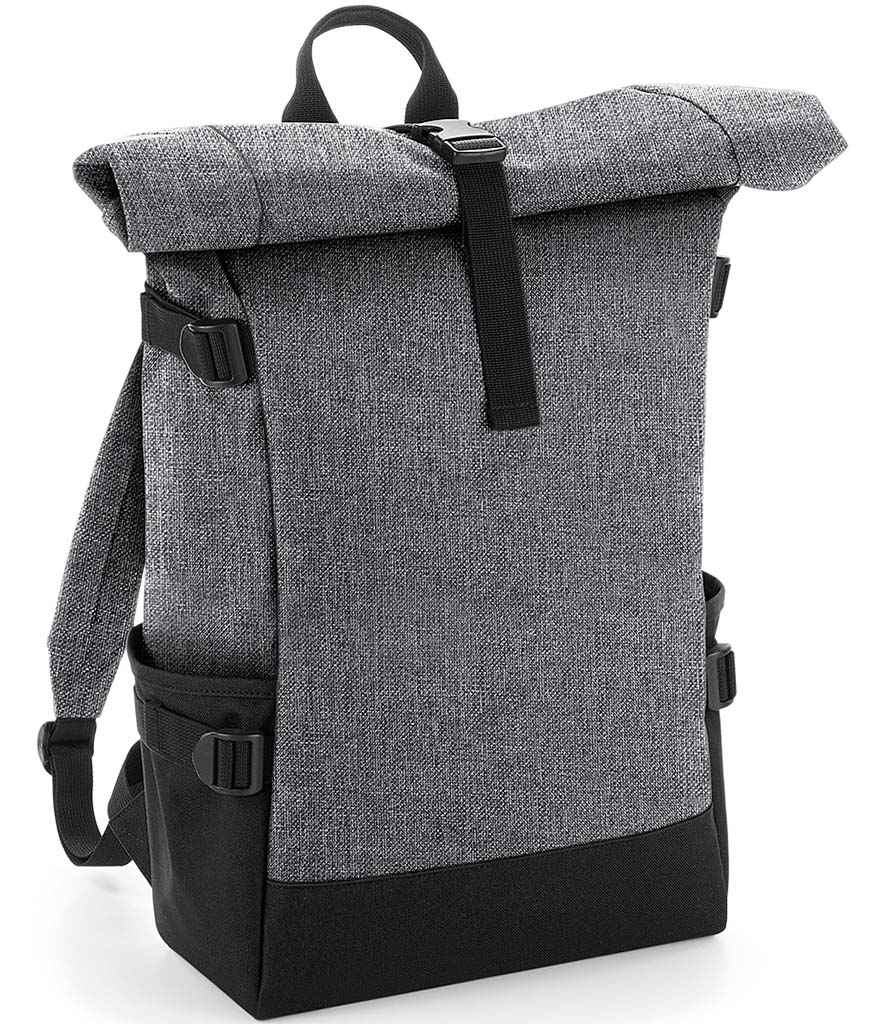 BagBase Block Roll-Top Backpack in ONE Grey Marl Black by Bagbase — Custom branded clothing by Print Press, featuring premium embroidery produced in our specialist print lab in the UK.