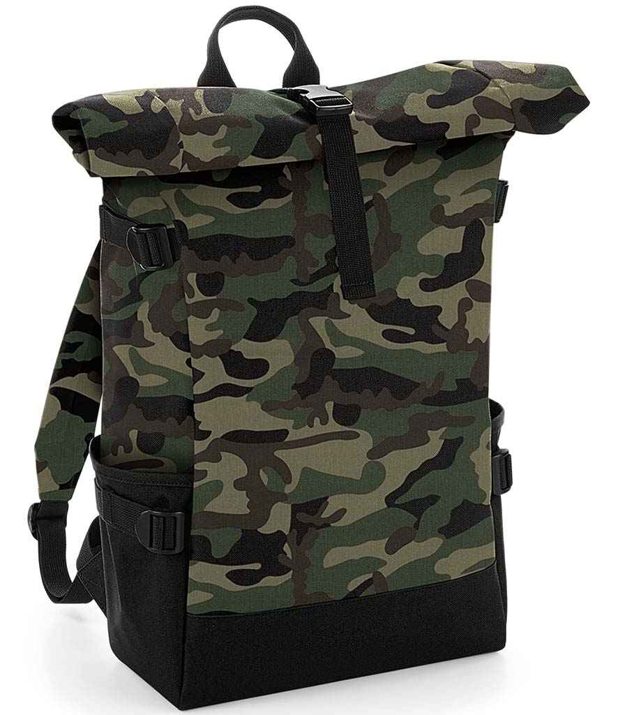 BagBase Block Roll-Top Backpack in ONE Jungle Camo Black by Bagbase — Custom branded clothing by Print Press, featuring premium embroidery produced in our specialist print lab in the UK.