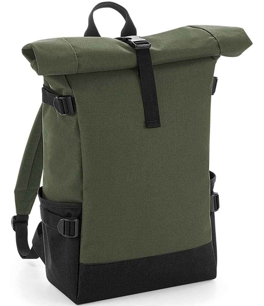 BagBase Block Roll-Top Backpack in ONE Olive Green Black by Bagbase — Custom branded clothing by Print Press, featuring premium embroidery produced in our specialist print lab in the UK.