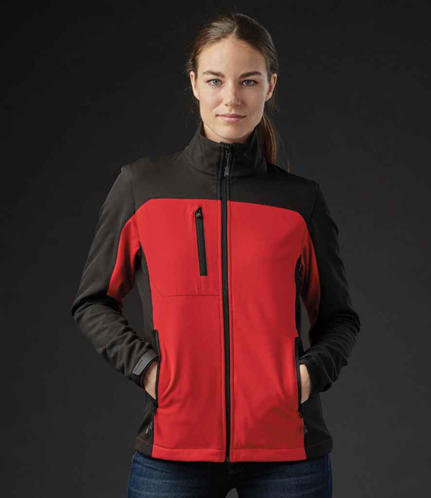 Stormtech Ladies Cascades Soft Shell Jacket in Bright Red Black by Stormtech — Custom branded clothing by Print Press, featuring premium embroidery produced in our specialist print lab in the UK.