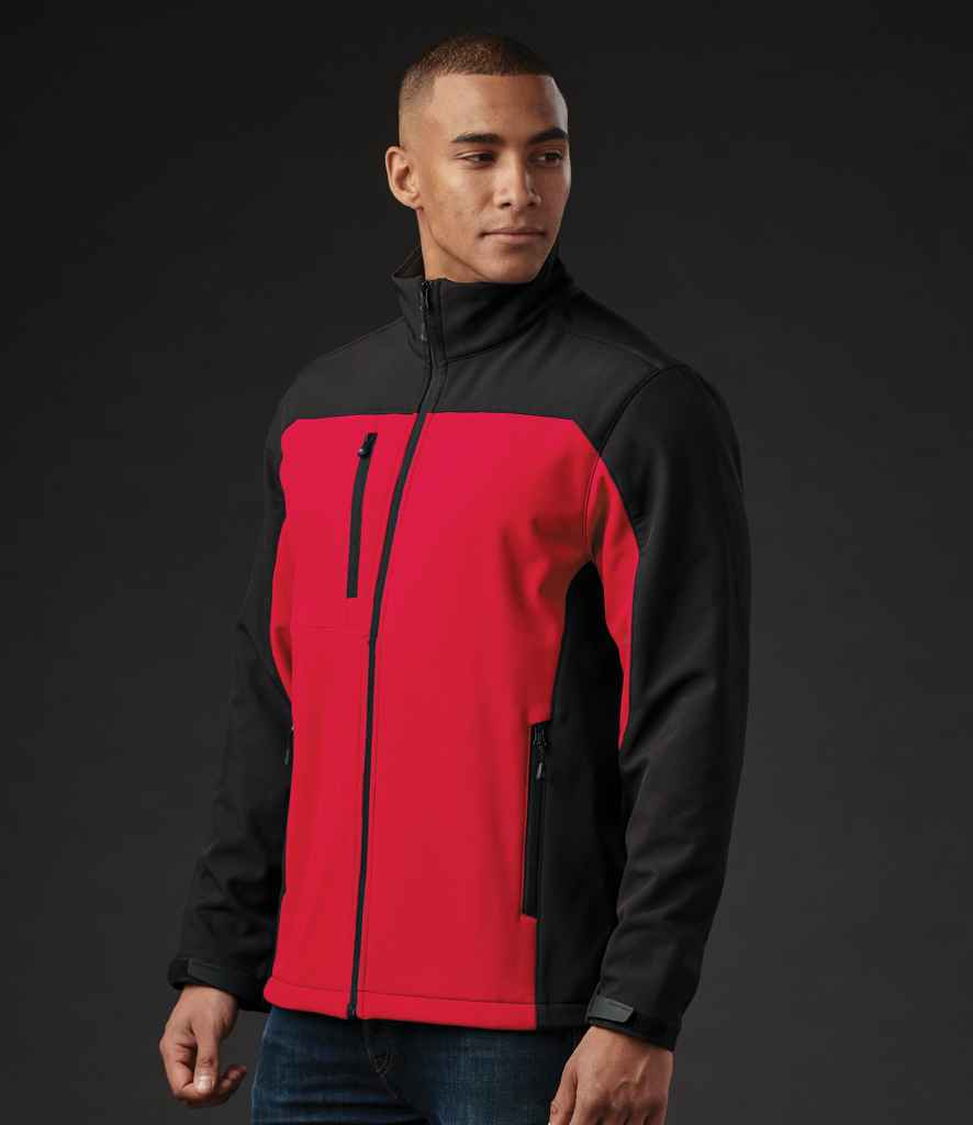 Stormtech Cascades Soft Shell Jacket in Bright Red Black by Stormtech — Custom branded clothing by Print Press, featuring premium embroidery produced in our specialist print lab in the UK.