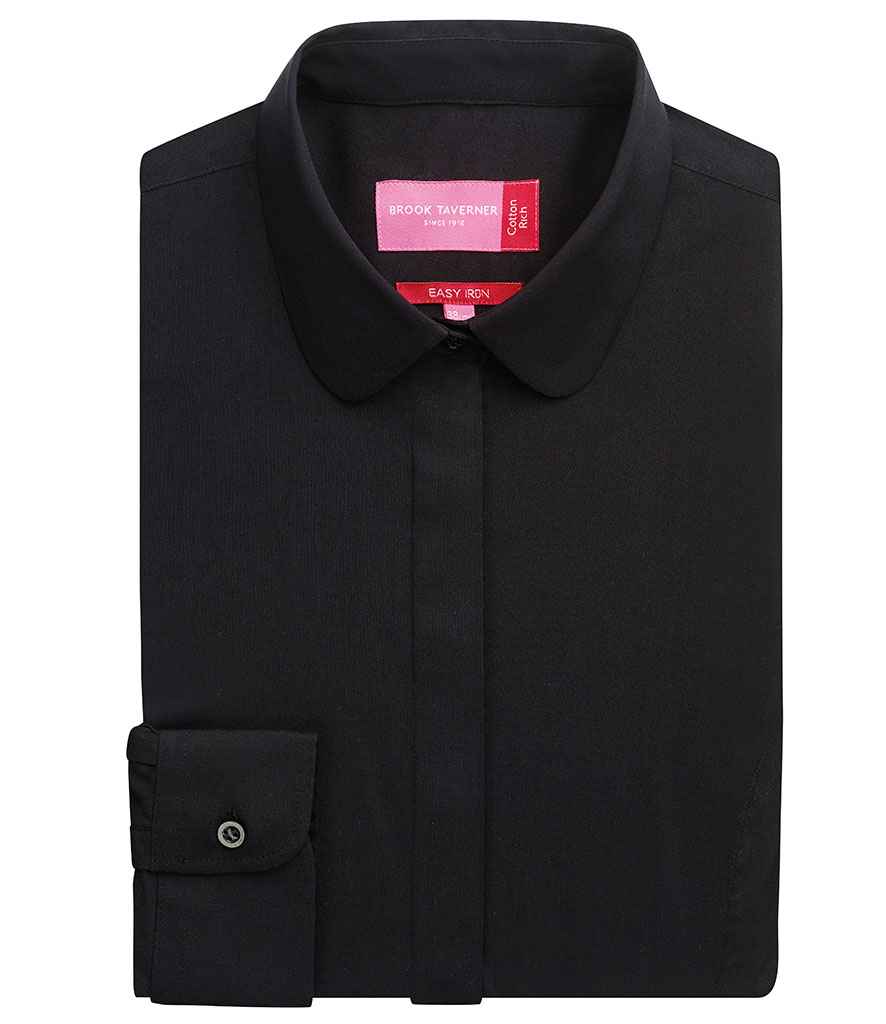 Brook Taverner Ladies Trevi Long Sleeve Poplin Shirt in Black by Brook Taverner — Custom branded clothing by Print Press, featuring premium embroidery produced in our specialist print lab in the UK.