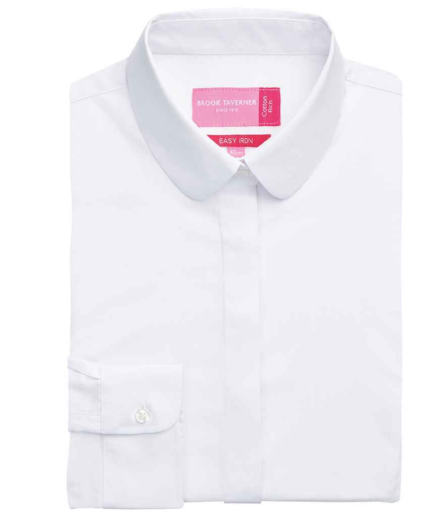 Brook Taverner Ladies Trevi Long Sleeve Poplin Shirt in White by Brook Taverner — Custom branded clothing by Print Press, featuring premium embroidery produced in our specialist print lab in the UK.