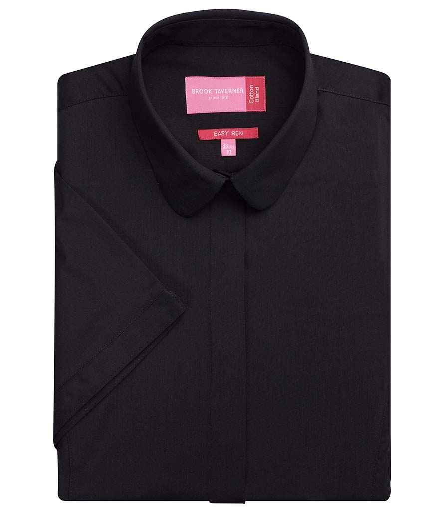 Brook Taverner Ladies Soave Short Sleeve Poplin Shirt in Black by Brook Taverner — Custom branded clothing by Print Press, featuring premium embroidery produced in our specialist print lab in the UK.