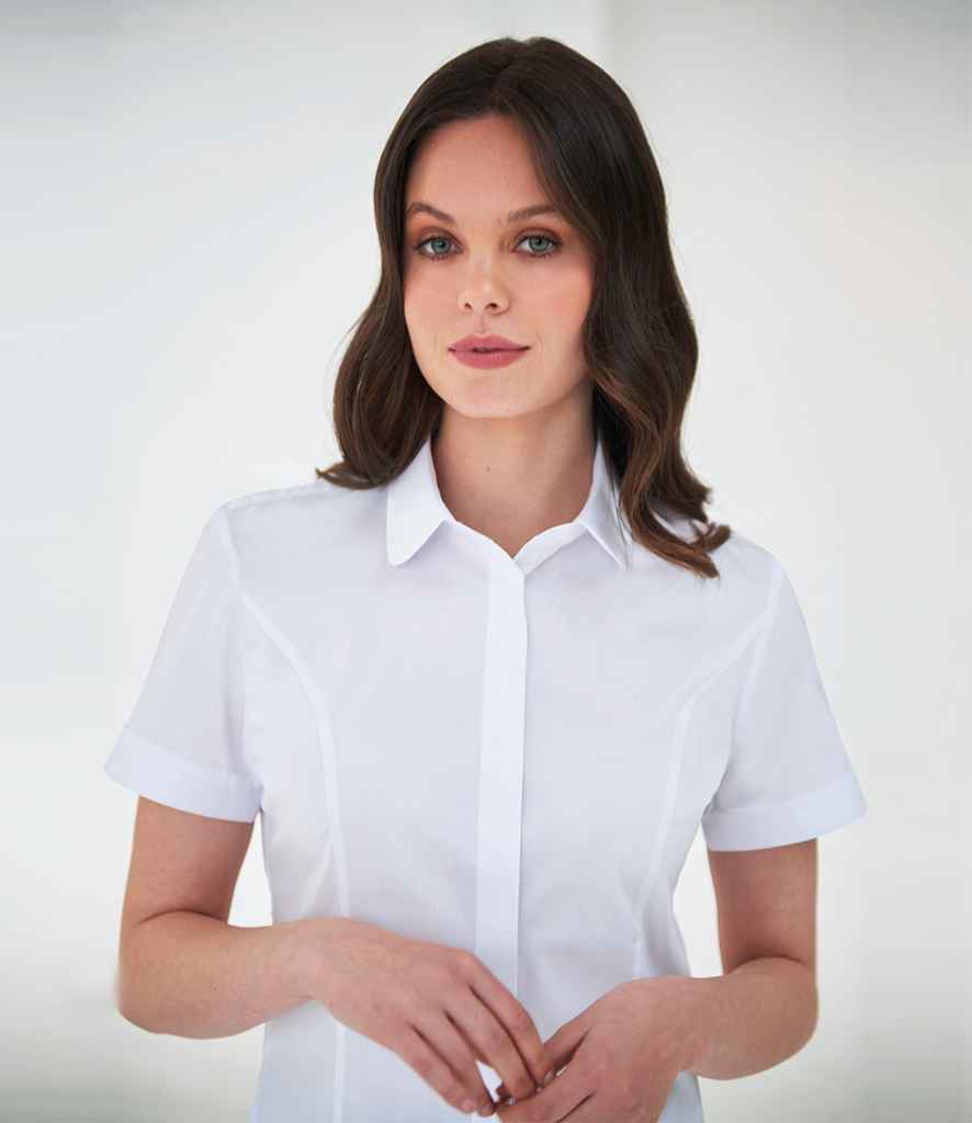 Brook Taverner Ladies Soave Short Sleeve Poplin Shirt in White by Brook Taverner — Custom branded clothing by Print Press, featuring premium embroidery produced in our specialist print lab in the UK.