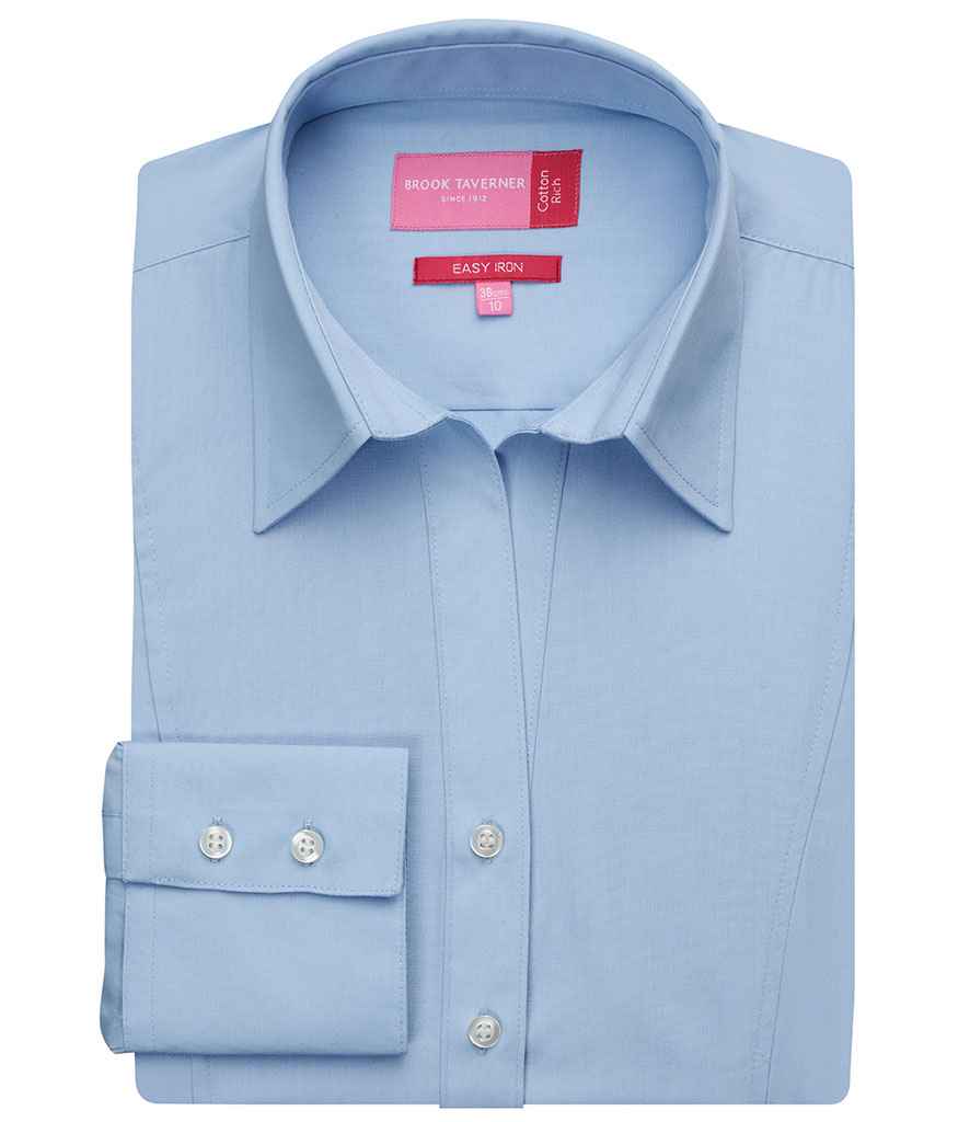Brook Taverner Ladies Palena Long Sleeve Poplin Shirt in Blue by Brook Taverner — Custom branded clothing by Print Press, featuring premium embroidery produced in our specialist print lab in the UK.