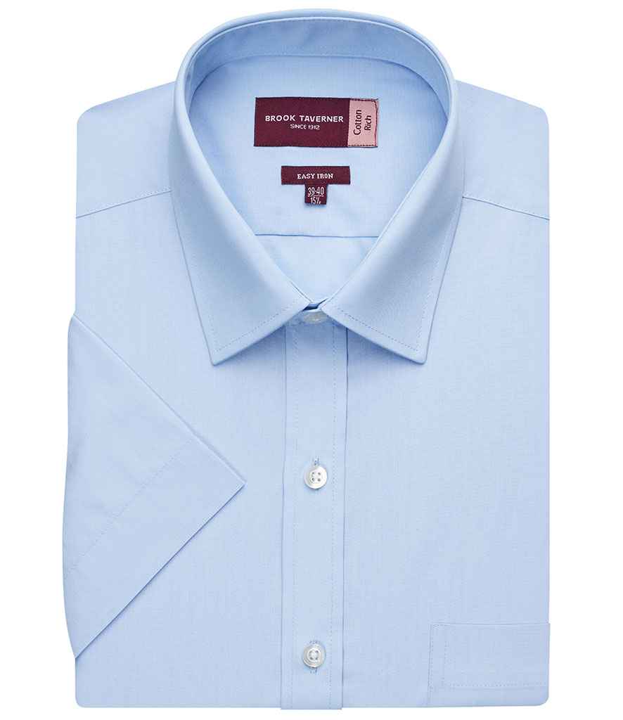 Brook Taverner Rosello Short Sleeve Poplin Shirt in Blue by Brook Taverner — Custom branded clothing by Print Press, featuring premium embroidery produced in our specialist print lab in the UK.