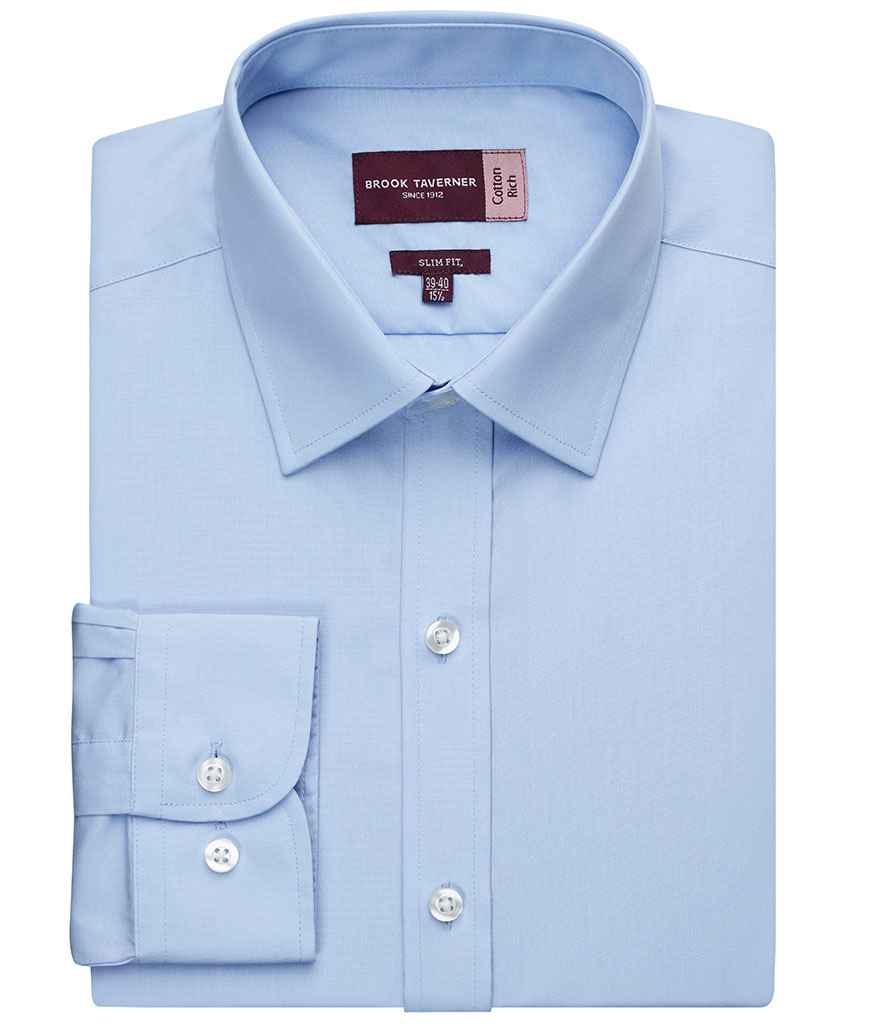 Brook Taverner Alba Long Sleeve Slim Fit Poplin Shirt in Blue by Brook Taverner — Custom branded clothing by Print Press, featuring premium embroidery produced in our specialist print lab in the UK.