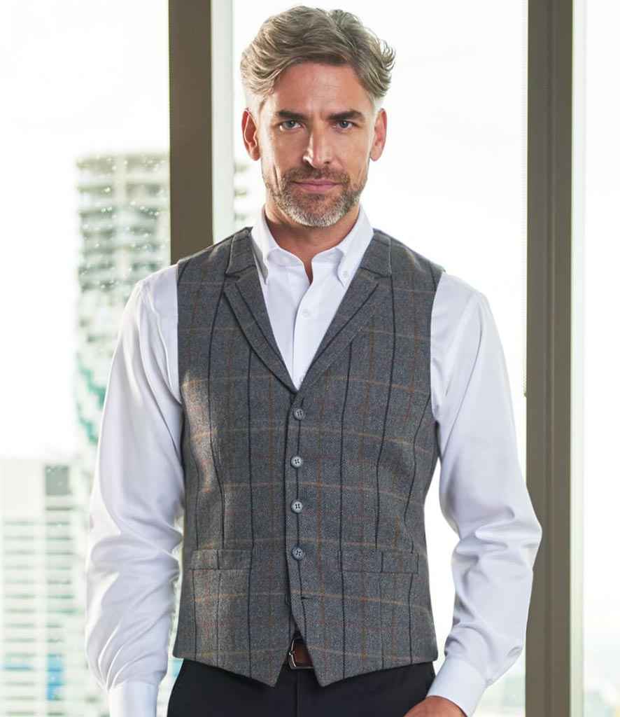Brook Taverner Memphis Waistcoat in Grey Brown Check by Brook Taverner — Custom branded clothing by Print Press, featuring premium embroidery produced in our specialist print lab in the UK.