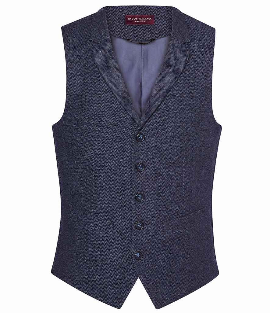 Brook Taverner Memphis Waistcoat in Navy Herringbone by Brook Taverner — Custom branded clothing by Print Press, featuring premium embroidery produced in our specialist print lab in the UK.